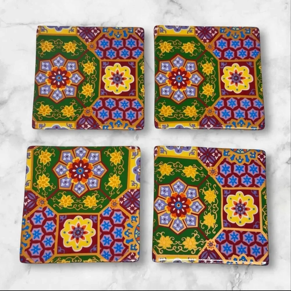 Ceramic Tile Coasters Colorful Talavera-Style Geometric Drink Floral Boho Set 4